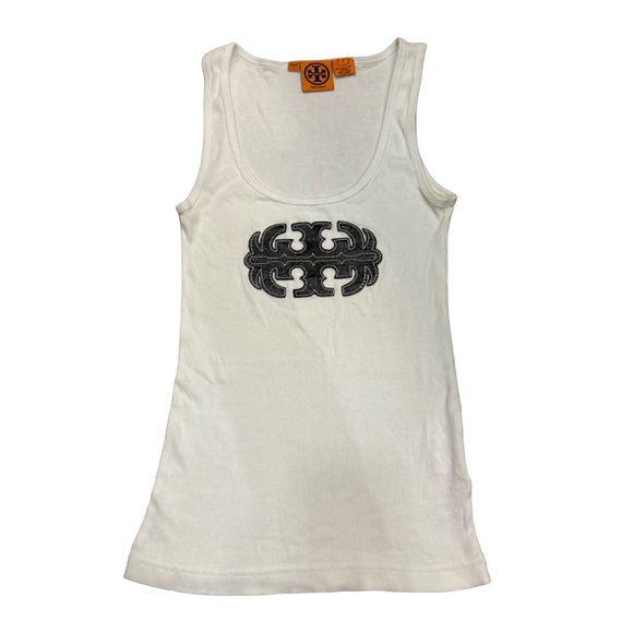 Vintage Collectors Tory Burch Leather Navy Logo White Cotton Ribbed Tank Top - Picture 1 of 7